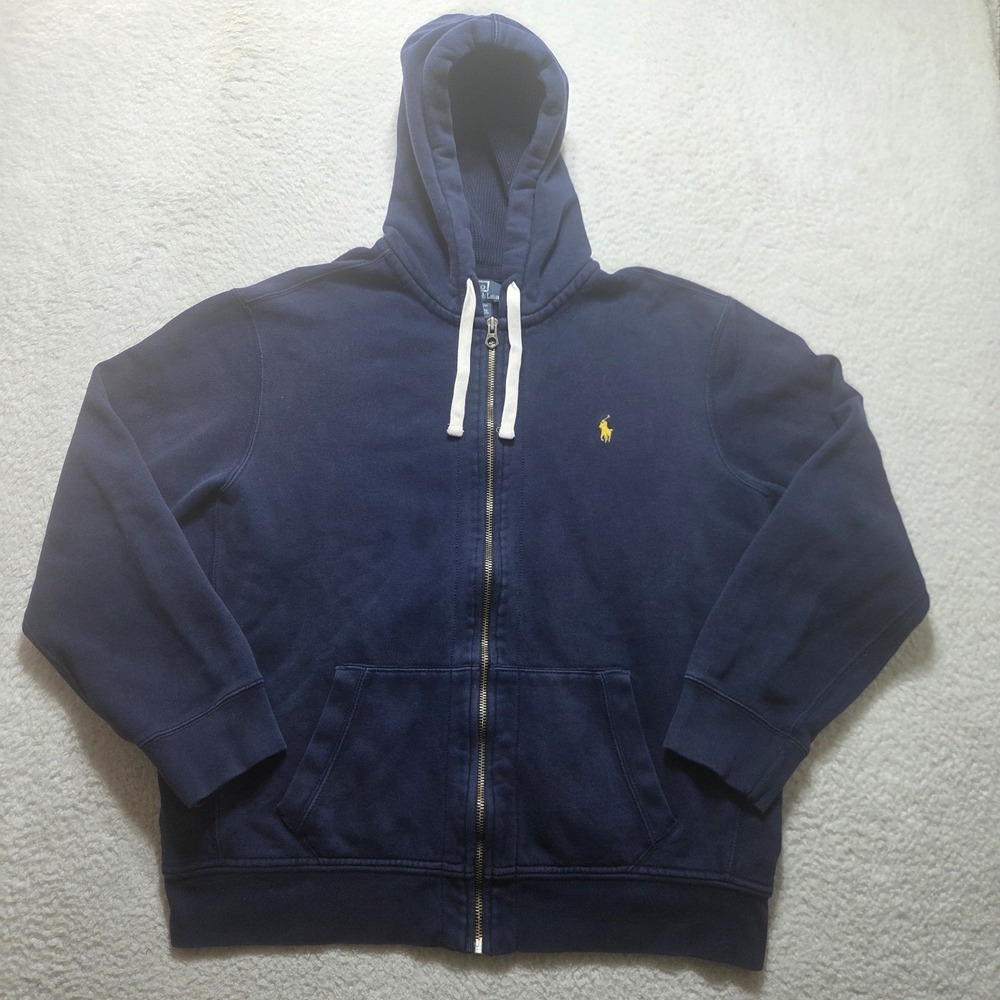 Vintage Polo Ralph Lauren‎ Hoodie Men 2XL Navy Waffle Hood Full Zip Faded Heavy